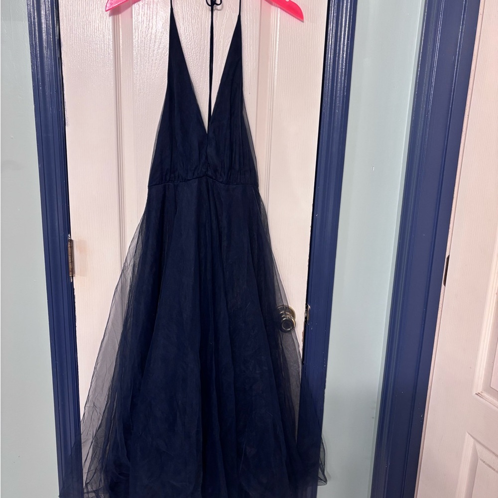 Hello Molly Navy Tulle Plunge Halter Gown